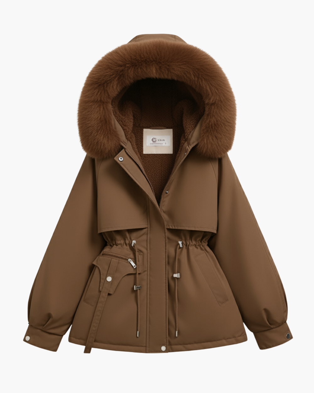 Kurze Winterjacke mit Teddyfutter und Kapuze mit Fellbesatz