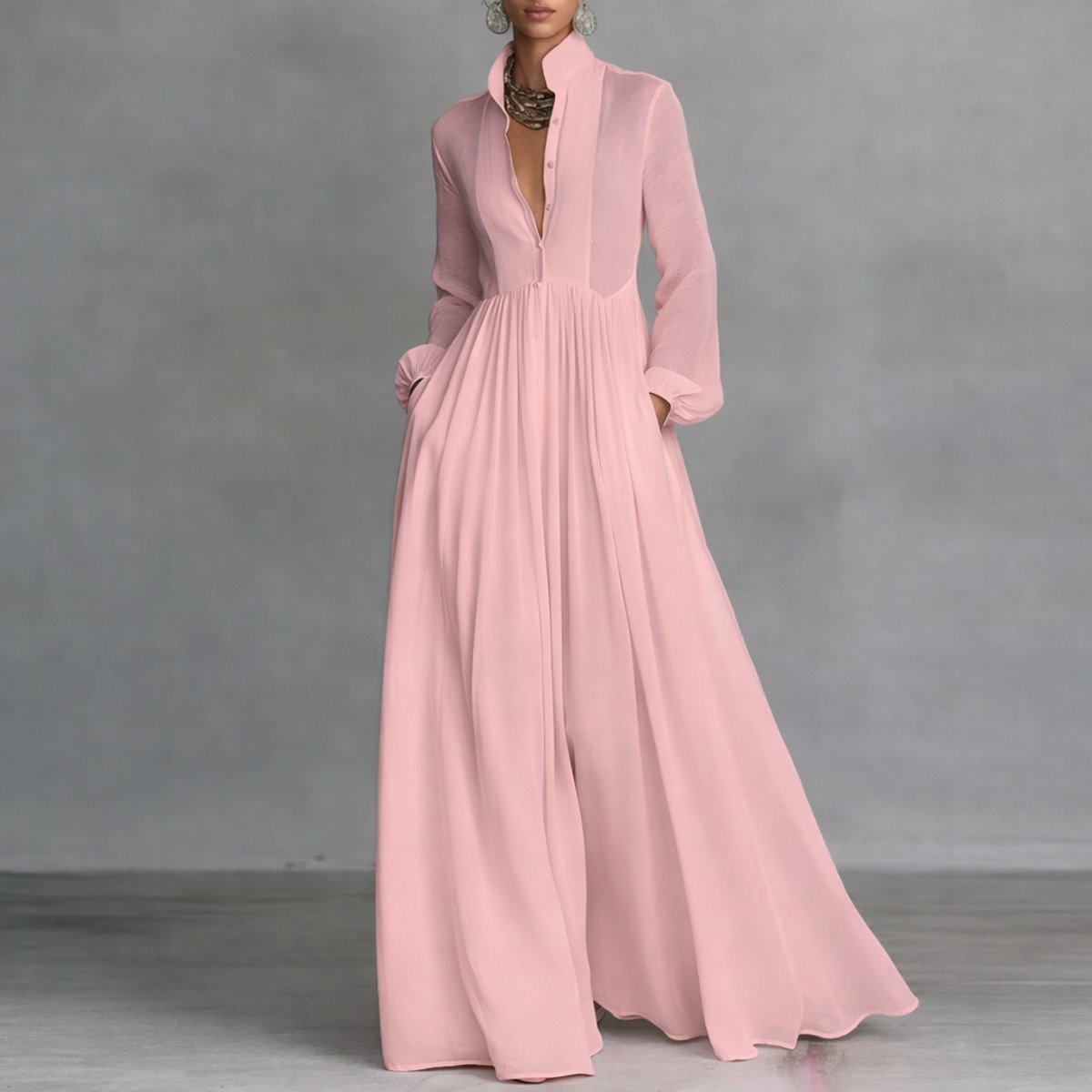 Vanessa | Elegantes und müheloses Langarm Maxi Hemdkleid