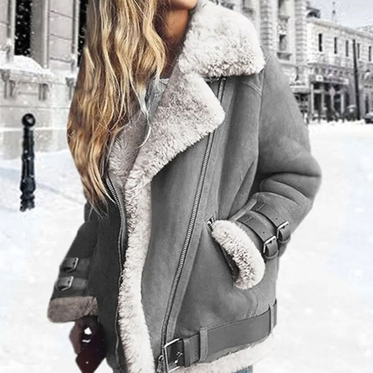 Drune | Damen Winterjacke – Lammfell Bikerjacke mit Schnallen