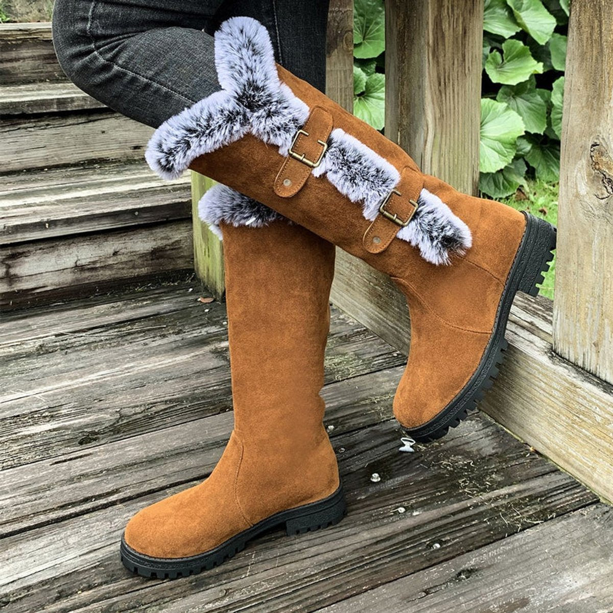 Fiona | Stilvolle und warme kniehohe Kunstwildleder Stiefel
