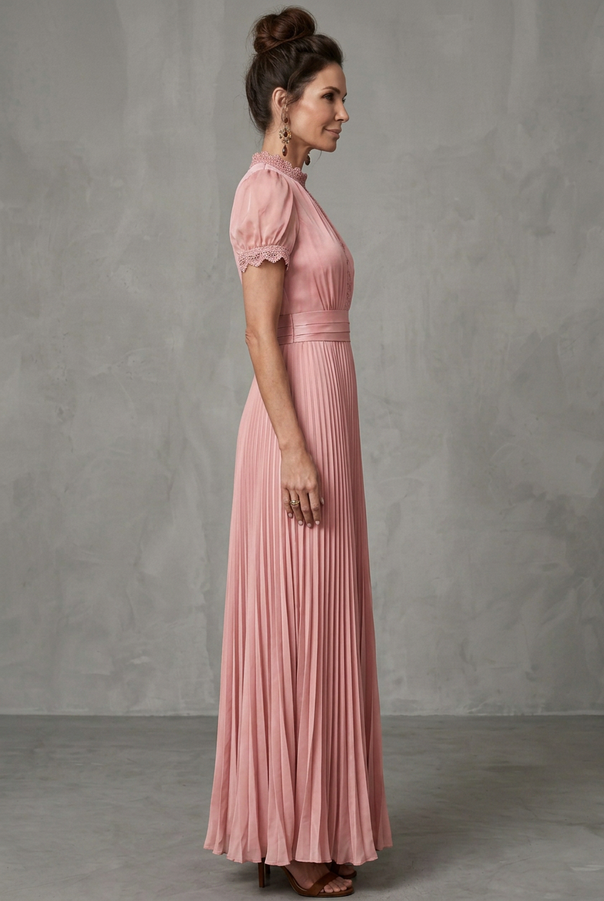 Elara | Falten-Maxikleid mit Spitzenbesatz