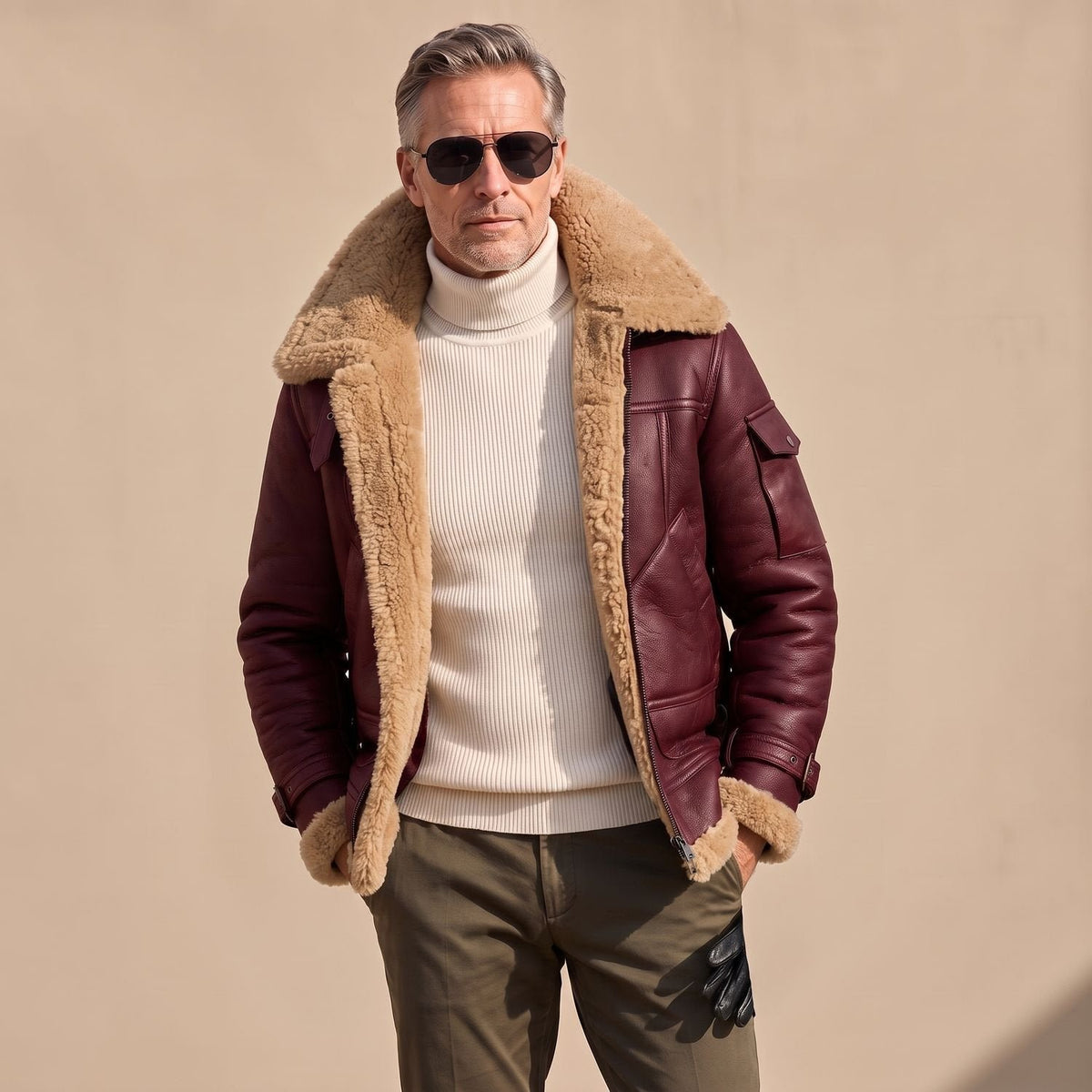 Felix | Herren Leder Fliegerjacke – Klassischer Bomber-Stil mit Teddyfell-Futter