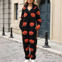 Freya | Kürbis Print Kapuzen Fleece Halloween Jumpsuit