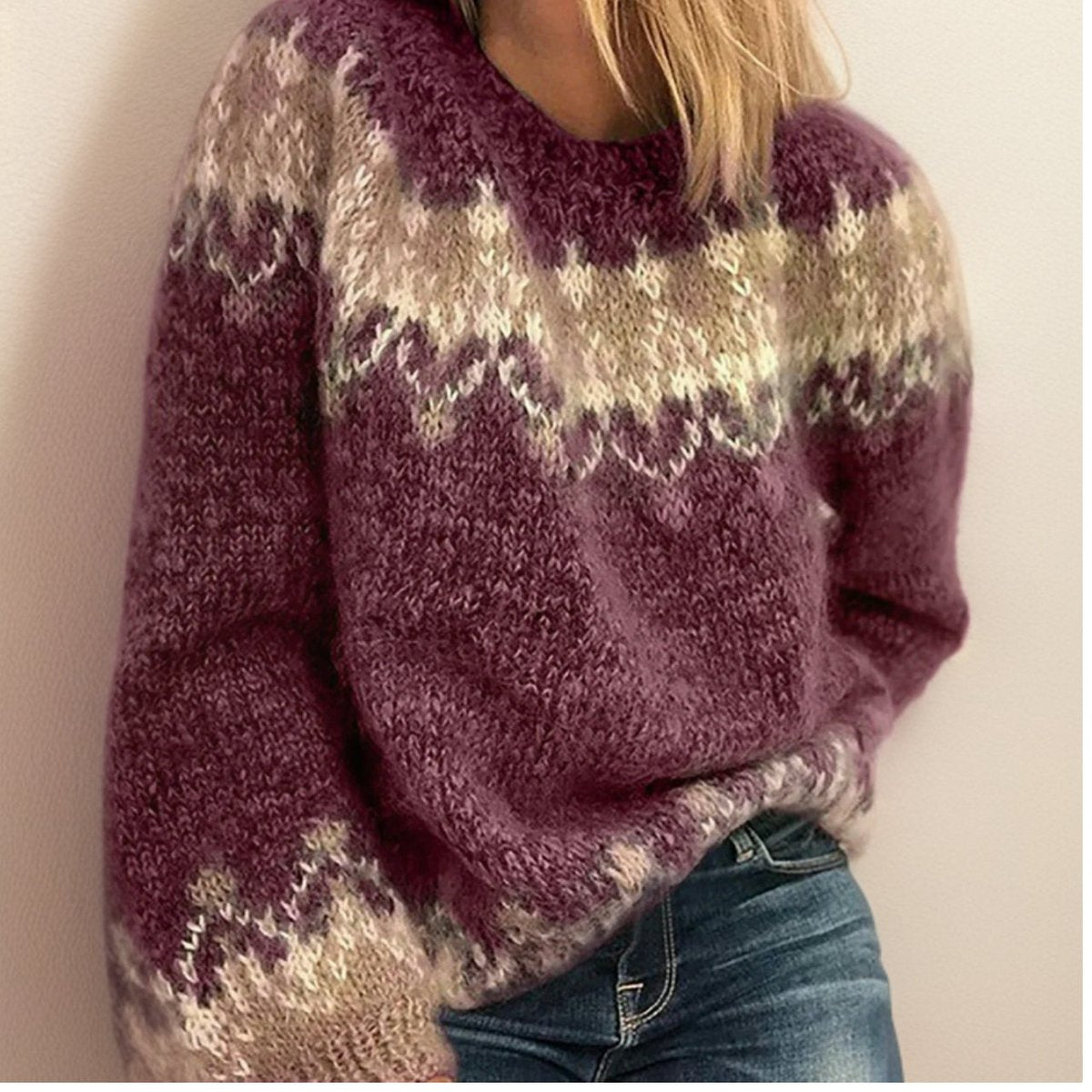 Amelie | Nordic Damen Jacquard-Strickpullover mit Rundhalsausschnitt