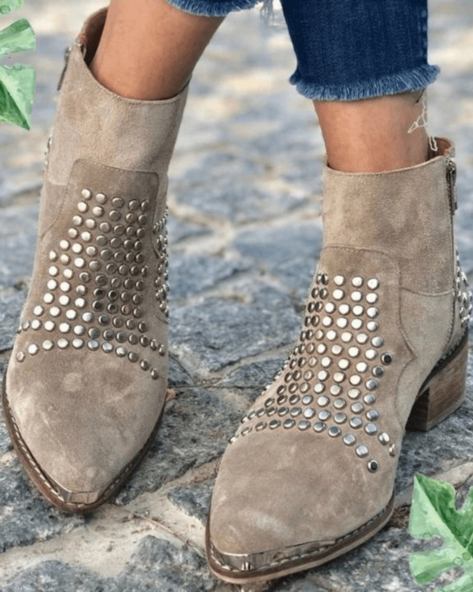 Camille | Veloursleder Stiefeletten mit Nieten und Blockabsatz
