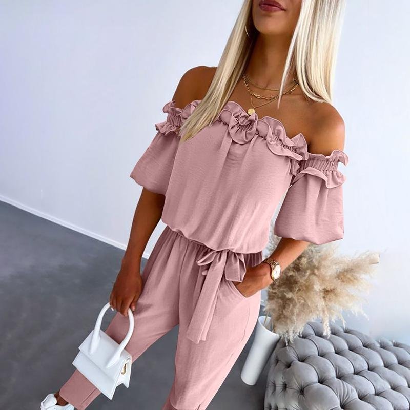 Amelie | Schulterfreier Rüschen-Jumpsuit – Feminine Silhouette für Damen