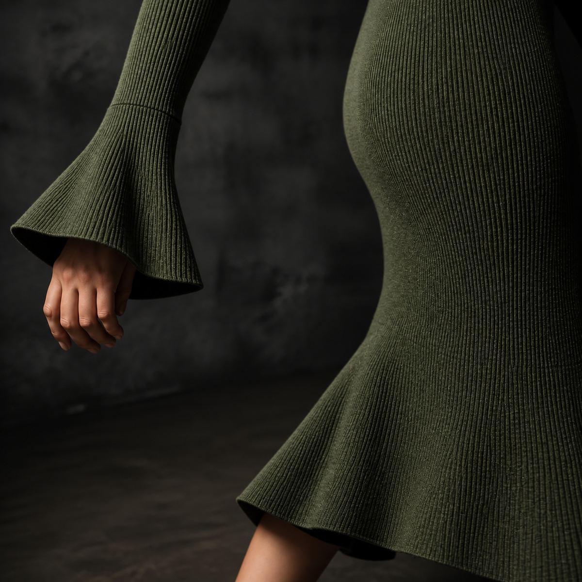 Selara | Ribbed Fishtail Knit Midi Dress – Elegante Flare Cuffs