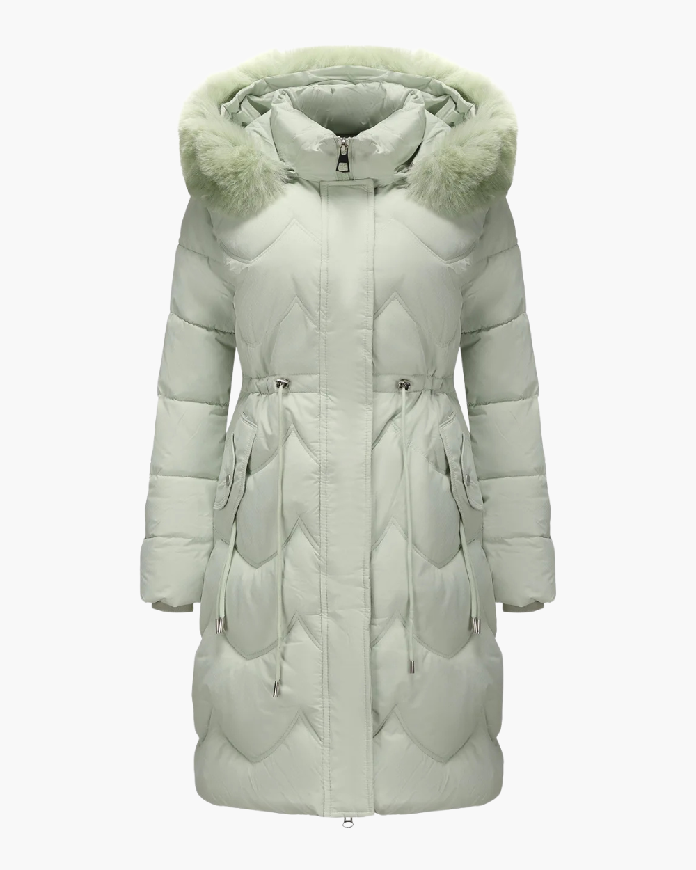 Taillierter Wintermantel mit Kapuze und Kunstfellbesatz