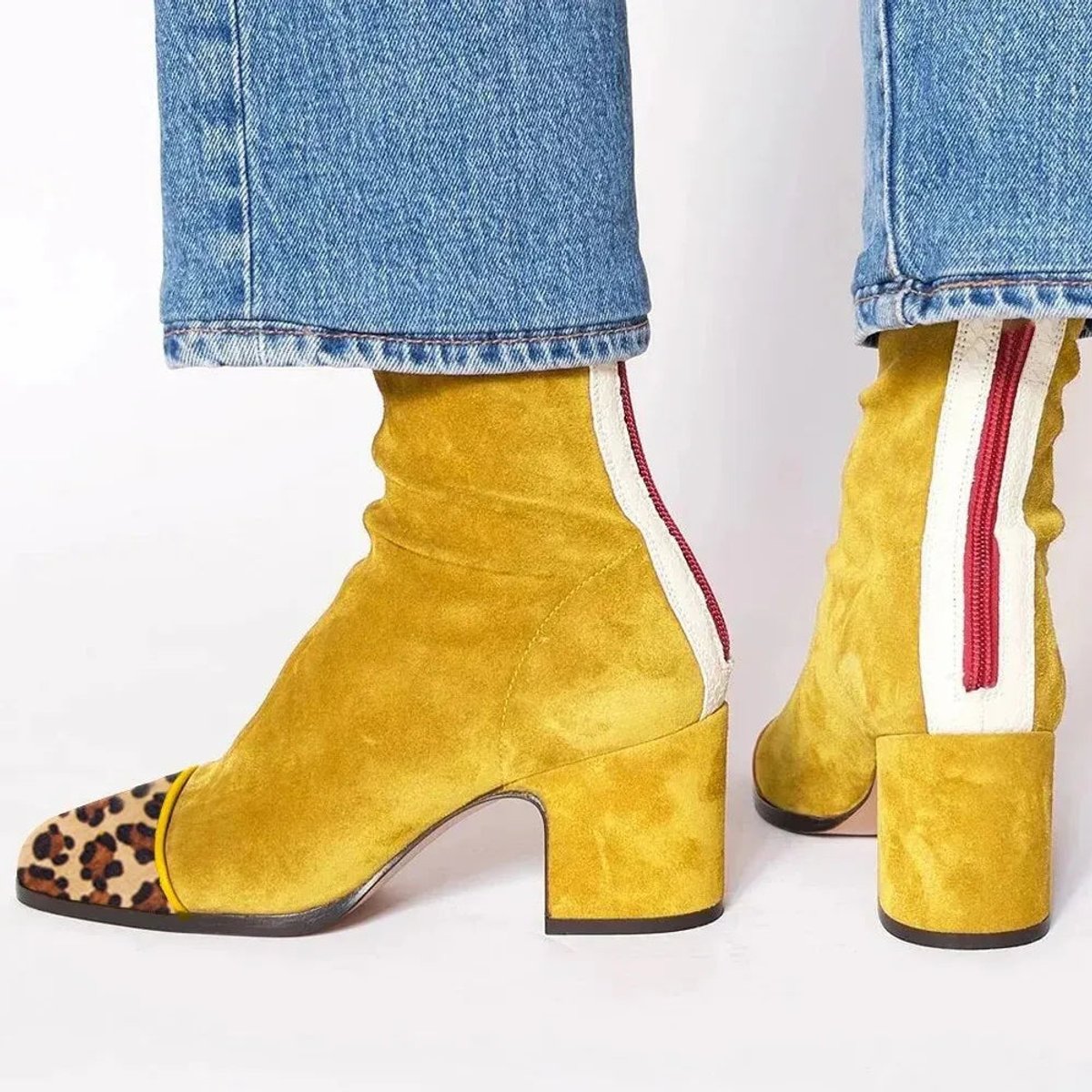 Emily | Gelbe Veloursleder Stiefeletten mit Leopardenmuster