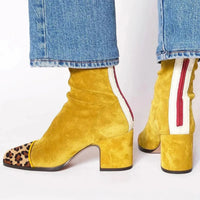 Emily | Gelbe Veloursleder Stiefeletten mit Leopardenmuster