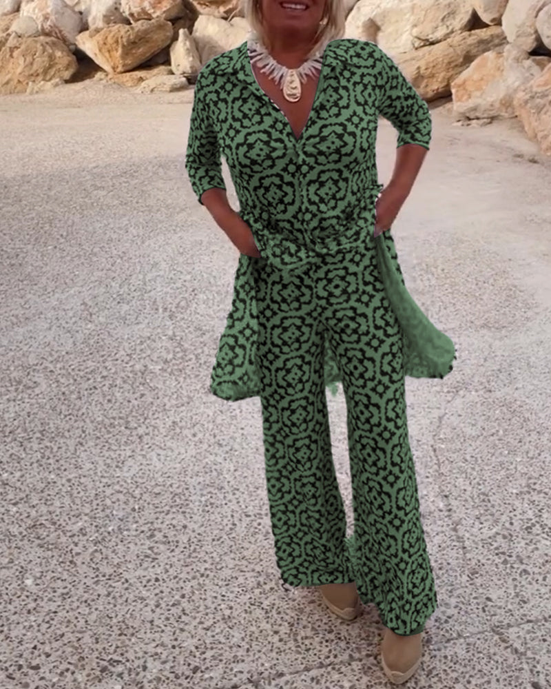 Emma | Bedrucktes V-Ausschnitt Tunika und Wide Leg Hosen Set
