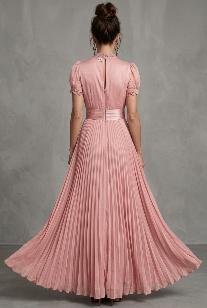 Elara | Falten-Maxikleid mit Spitzenbesatz