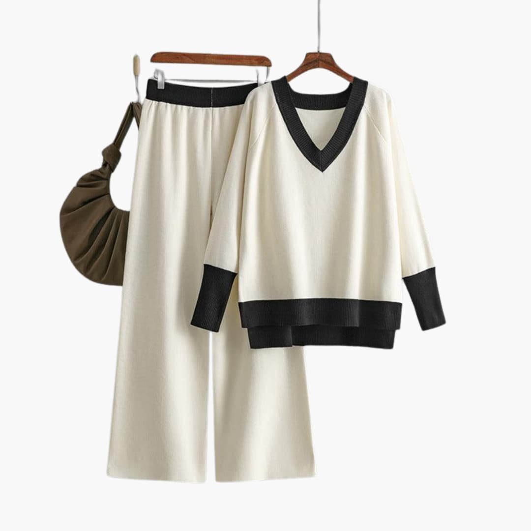 Viora | Sweater Set – V-Neck Design with Wide-Leg Trousers for Women