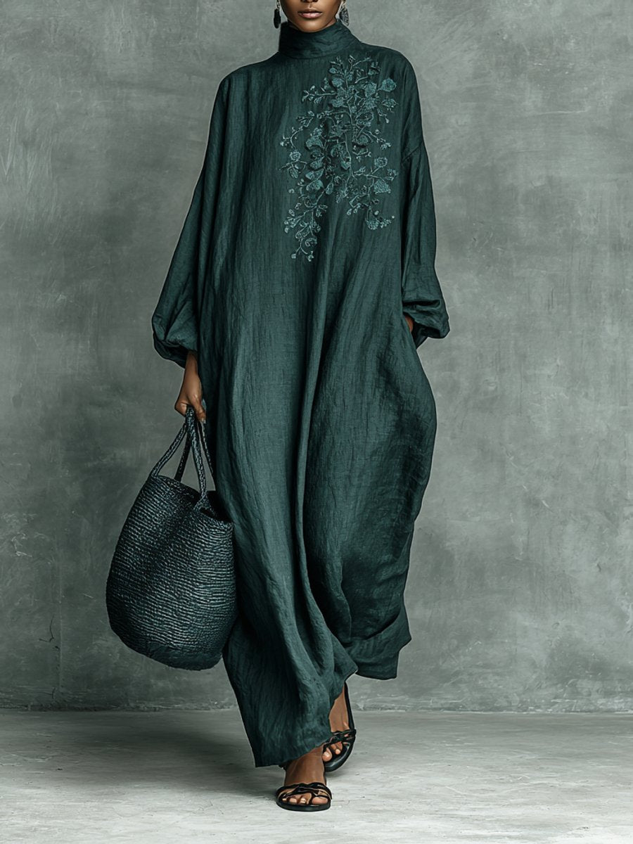 Martina | Besticktes Langarm Maxikleid mit Stehkragen