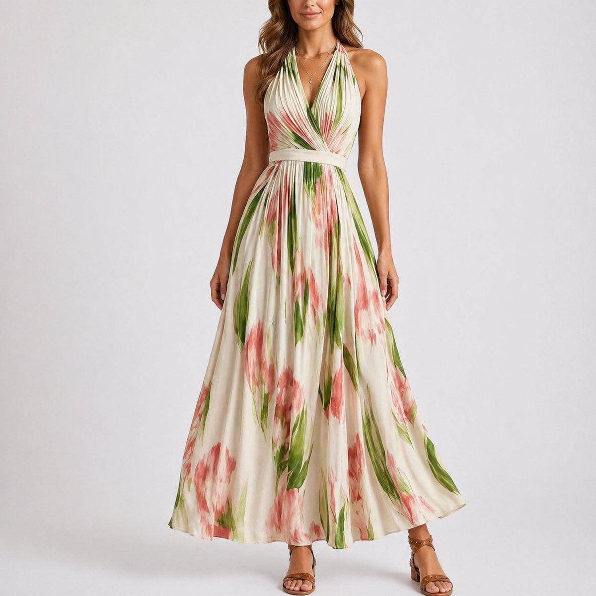 Karolin | Elegantes Herbsthochzeits-Maxikleid mit Aquarell-Blumenmuster