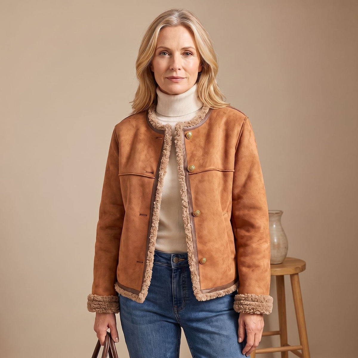 Greta | Kurze Lederjacke mit Kunstlammfell-Futter und Goldknöpfen