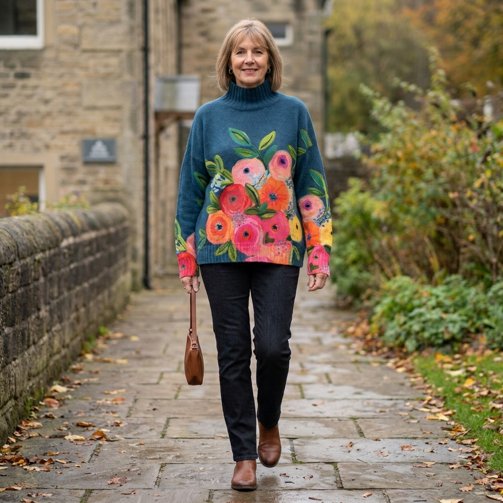 Daphne | Turtleneck Jumper – Floraler Strickpullover für Frauen