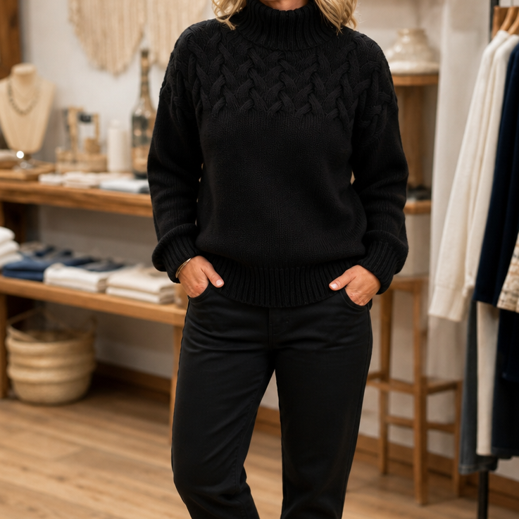 Cozette | Gebreide Kabeltrui met Hoge Hals