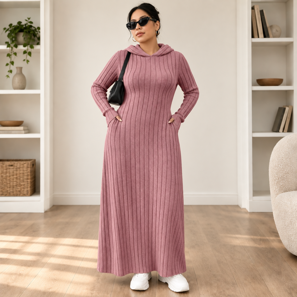 Ribwarm | Hoodie-Maxikleid aus Rippenstrick