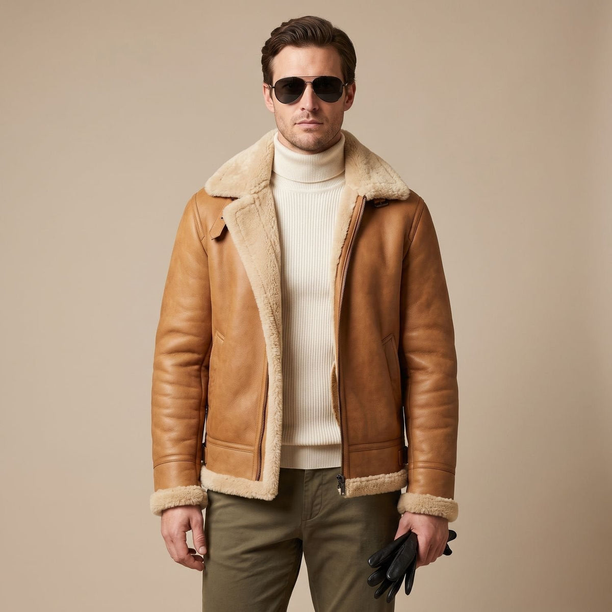 Felix | Herren Leder Fliegerjacke – Klassischer Bomber-Stil mit Teddyfell-Futter