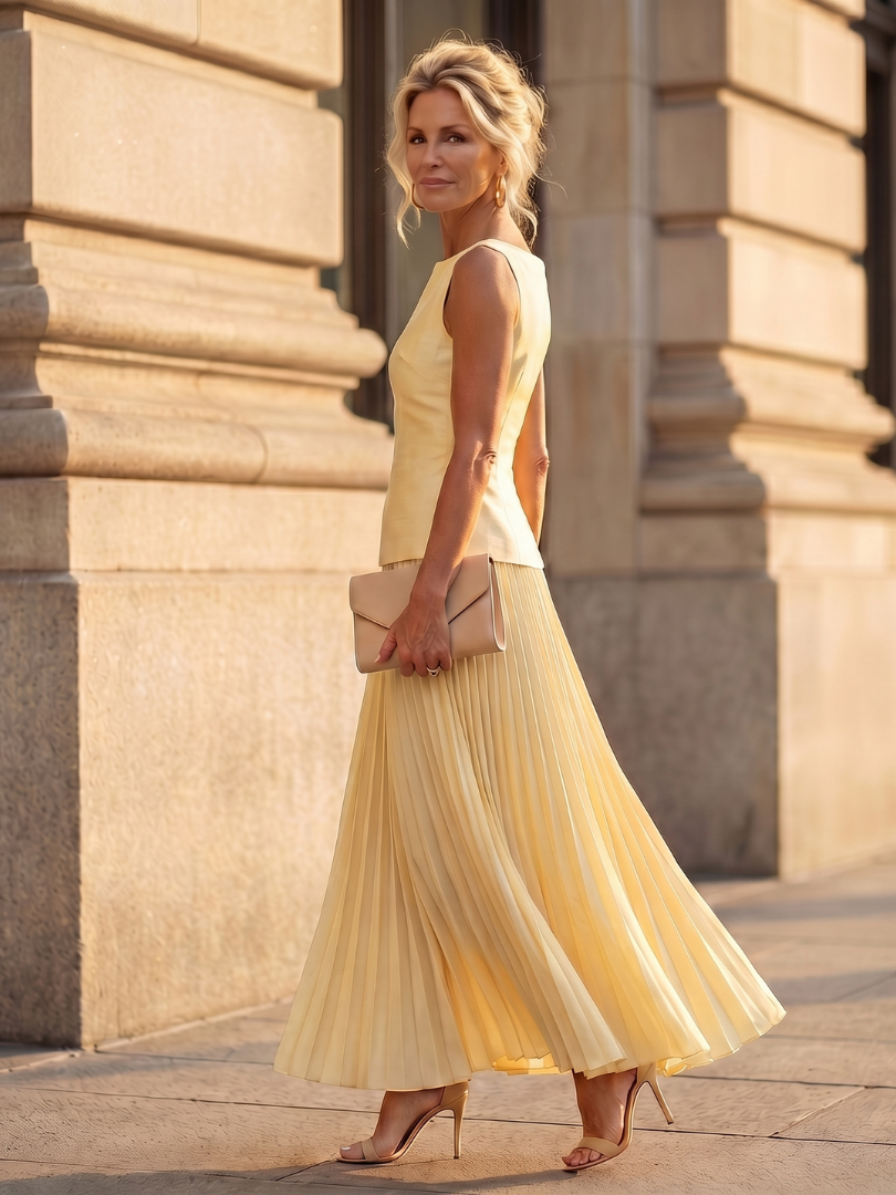 Rhodes | Midi Dress – Strukturiertes Oberteil mit Faltenrock