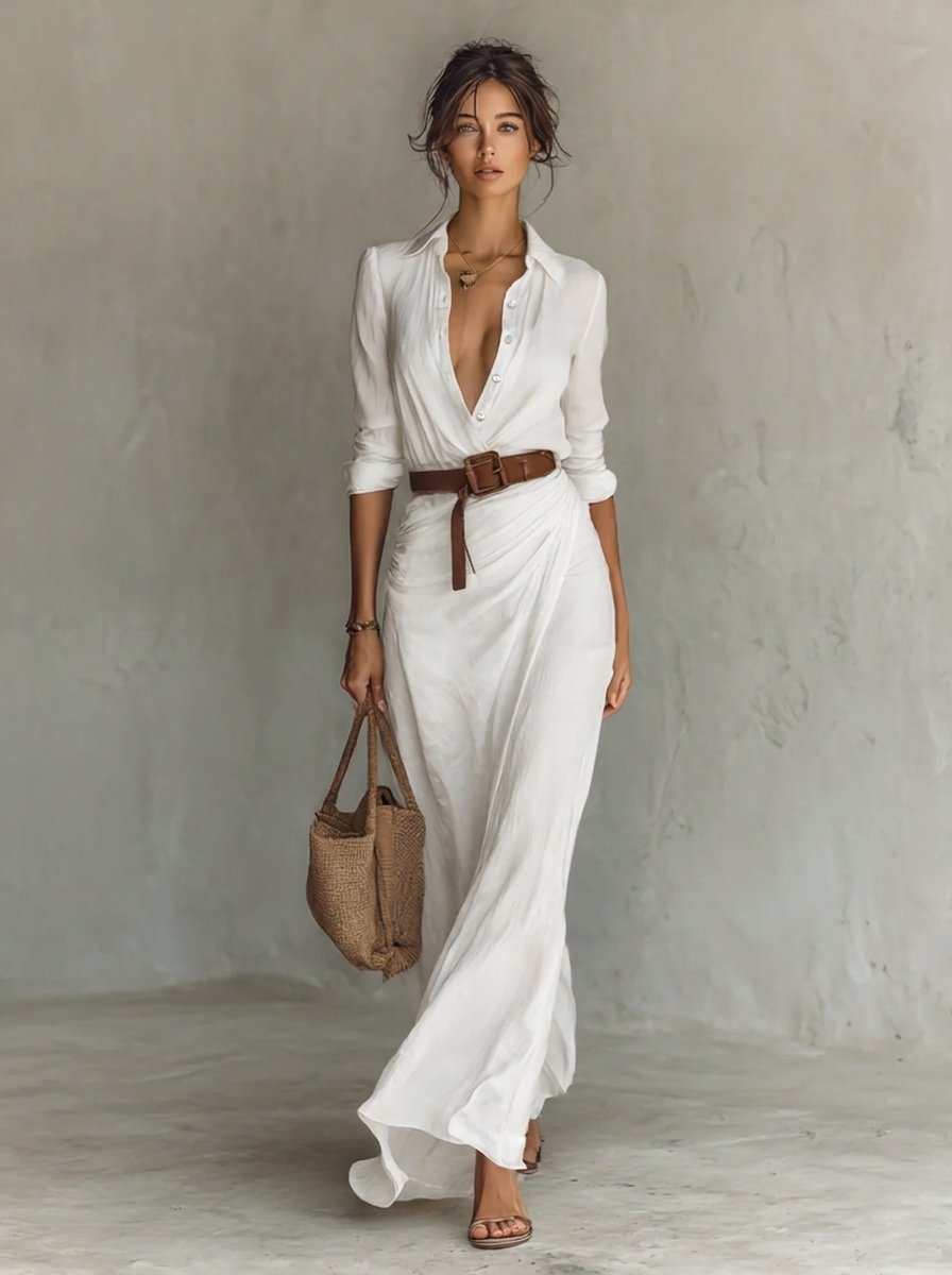 Nora | Tailliertes Langarm Maxikleid mit Gürtel
