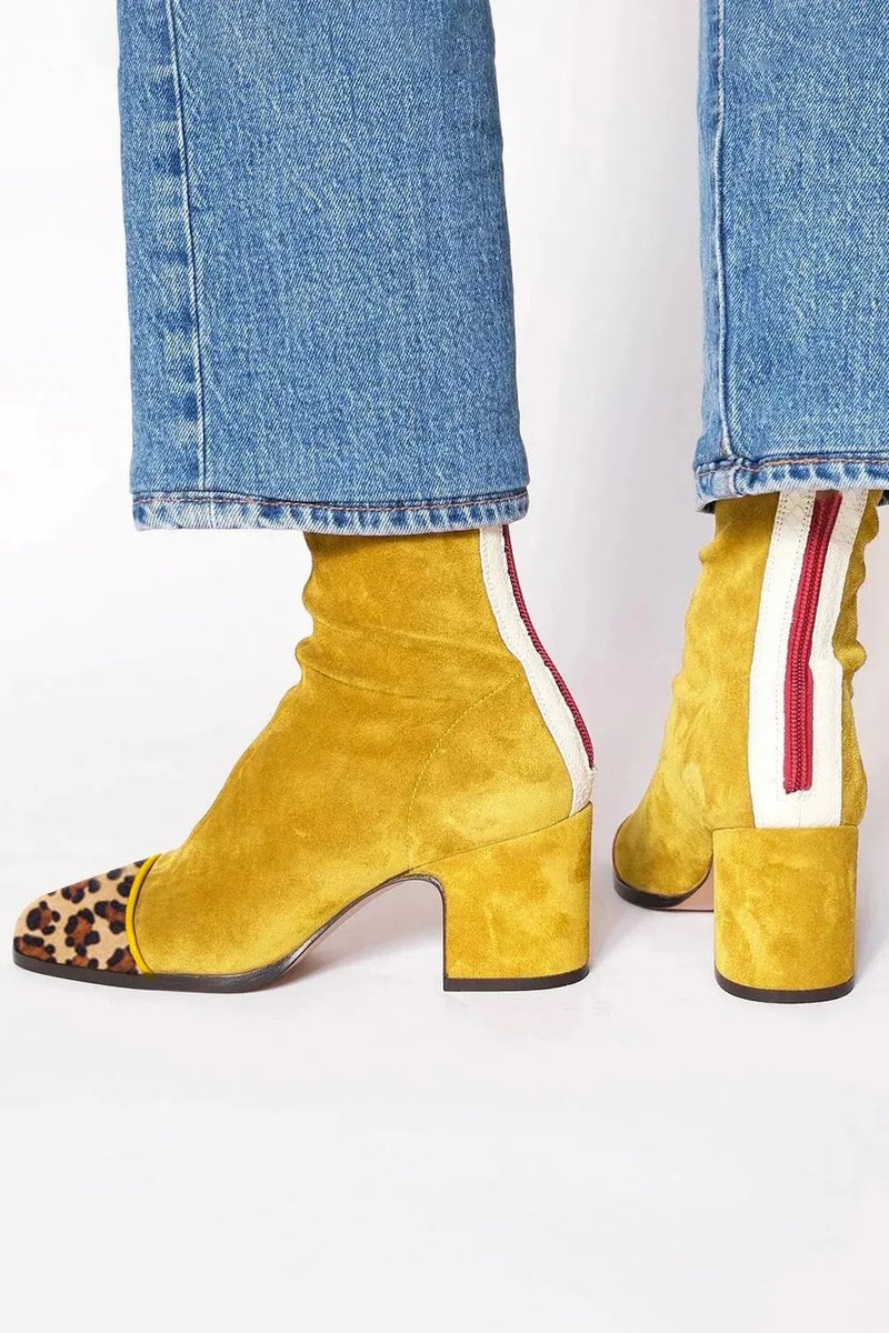 Emily | Gelbe Veloursleder Stiefeletten mit Leopardenmuster