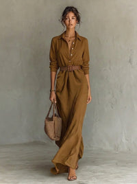Nora | Tailliertes Langarm Maxikleid mit Gürtel