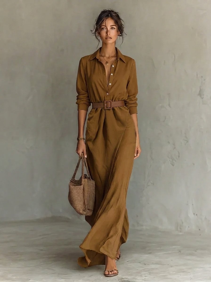 Nora | Tailliertes Langarm Maxikleid mit Gürtel