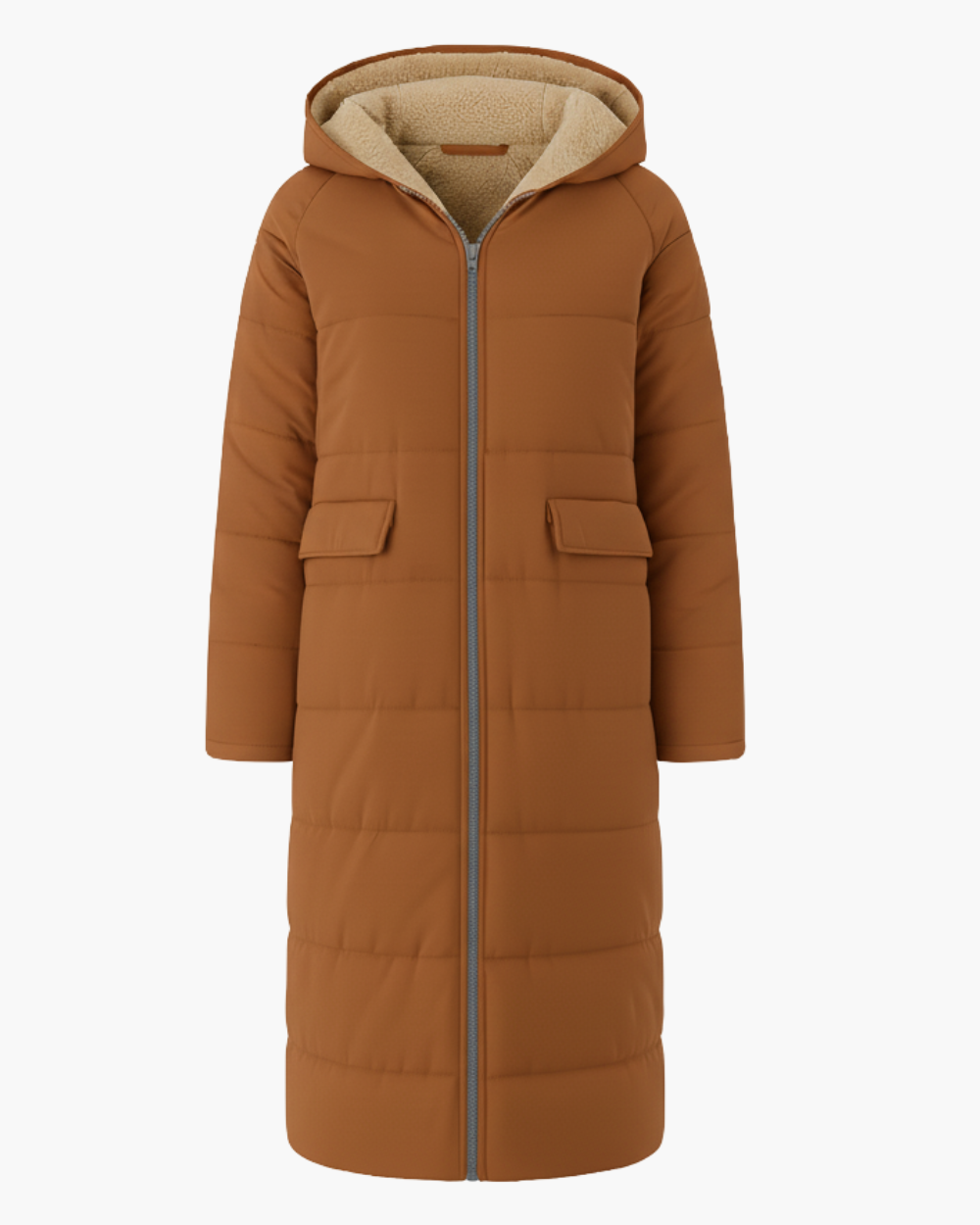 Langer Wintermantel mit Kapuze und Fleecefutter