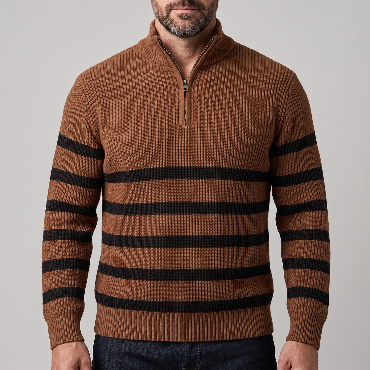 BLACKWELL | Strickpullover mit Halb-Reißverschluss und Streifen