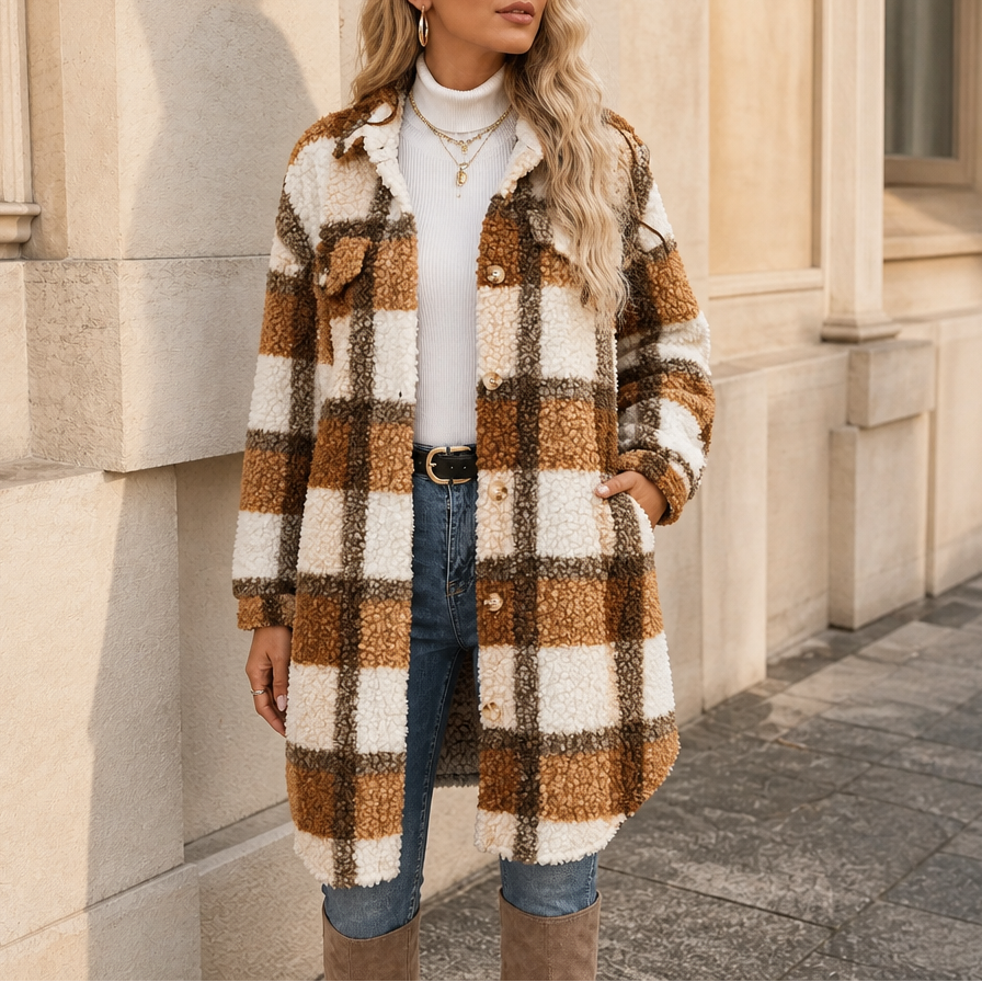 Fairloch | Plaid Sherpa-Lined Mid-Length Coat – Gemütlicher Stil für Frauen