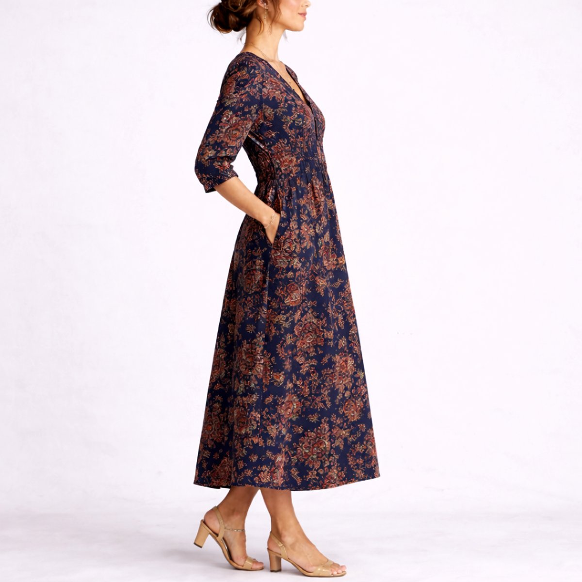 Hazel | Florales und Elegantes Herbsthochzeits-Midi-Kleid mit V-Ausschnitt