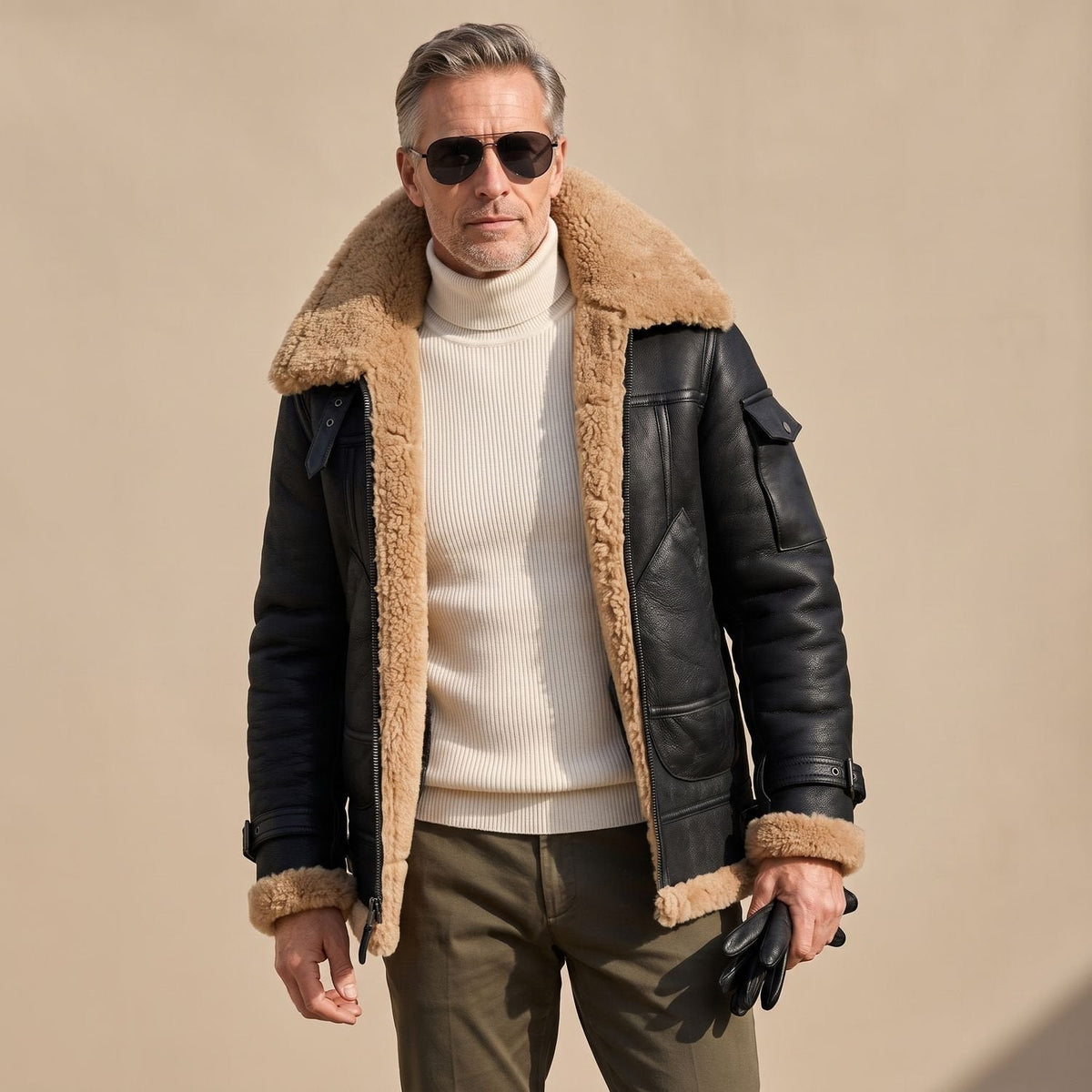 Felix | Herren Leder Fliegerjacke – Klassischer Bomber-Stil mit Teddyfell-Futter
