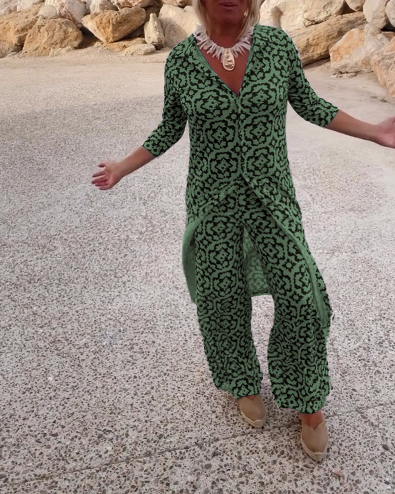 Emma | Bedrucktes V-Ausschnitt Tunika und Wide Leg Hosen Set