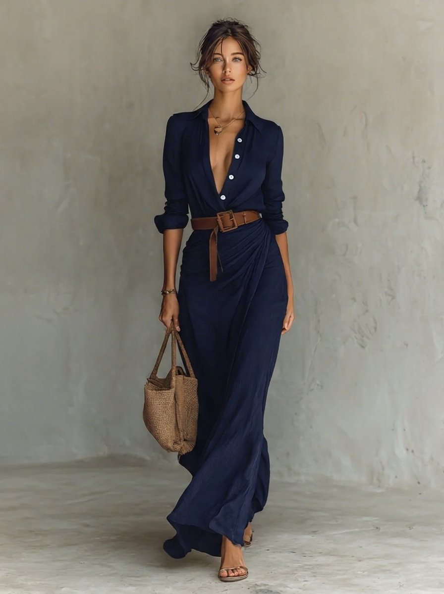 Nora | Tailliertes Langarm Maxikleid mit Gürtel