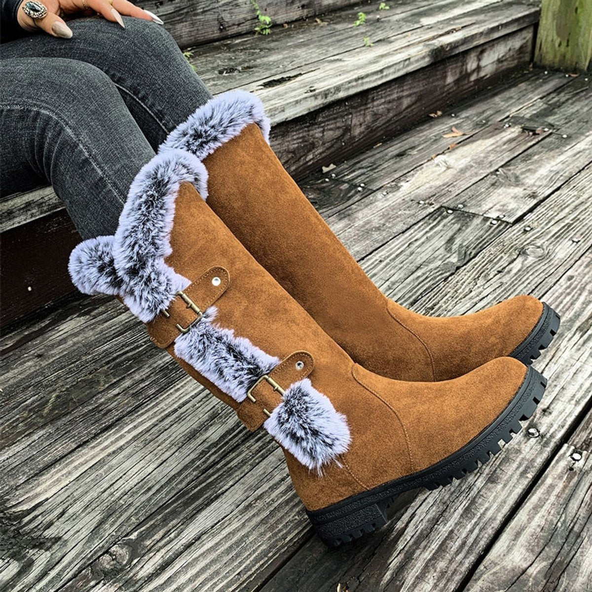 Fiona | Stilvolle und warme kniehohe Kunstwildleder Stiefel