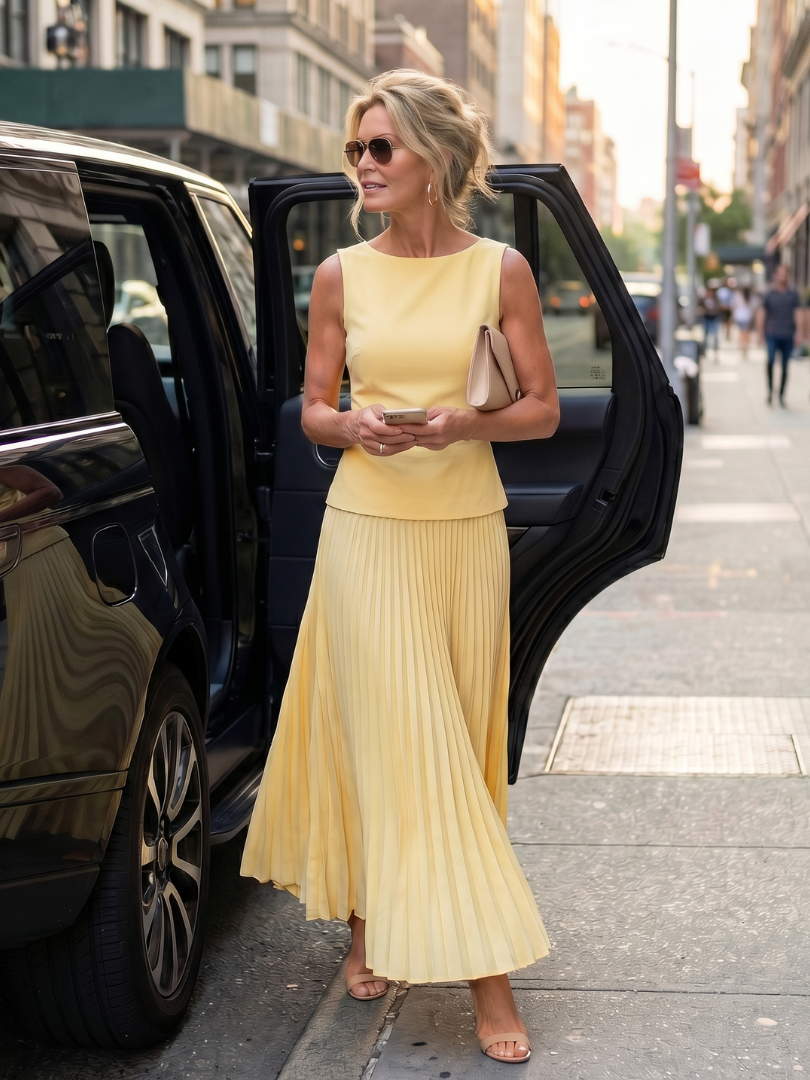 Rhodes | Midi Dress – Strukturiertes Oberteil mit Faltenrock