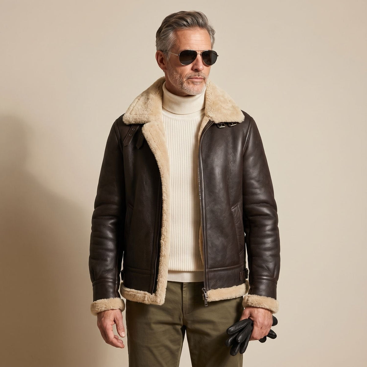 Felix | Herren Leder Fliegerjacke – Klassischer Bomber-Stil mit Teddyfell-Futter