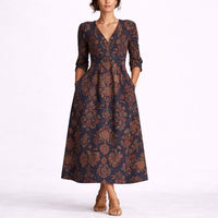 Hazel | Florales und Elegantes Herbsthochzeits-Midi-Kleid mit V-Ausschnitt