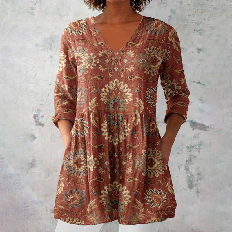 Isabella | Elegante Gemusterte Damen Tunika Oberteil Mit V-Ausschnitt