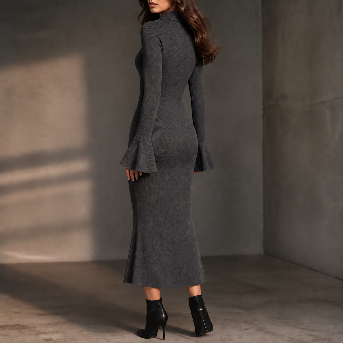 Selara | Ribbed Fishtail Knit Midi Dress – Elegante Flare Cuffs