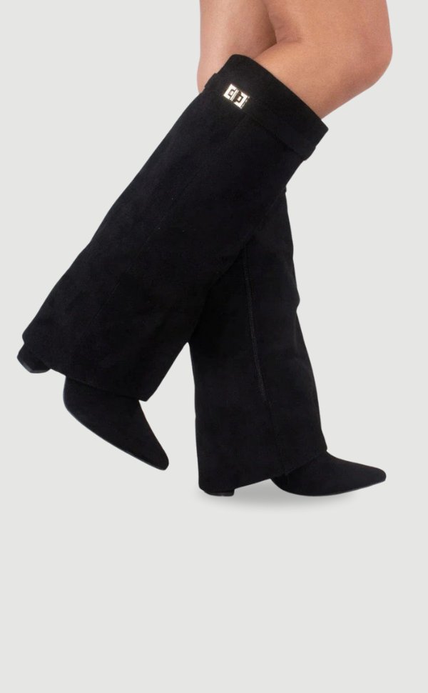 Amina | Elegante Kniehohe Stiefel Damen Schwarz aus Wildleder mit Gold-Akzenten 0