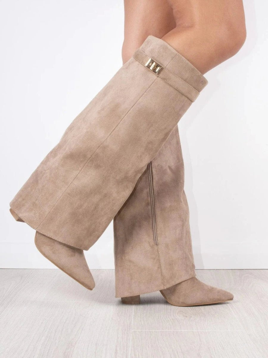 Amina | Elegante Kniehohe Stiefel Damen Schwarz aus Wildleder mit Gold-Akzenten 6
