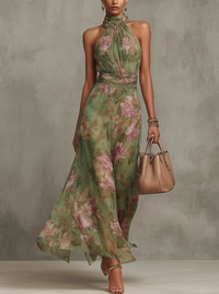 Sandra | Bequemes und Blumenmuster Neckholder-Ausschnitt Sommer Maxikleid