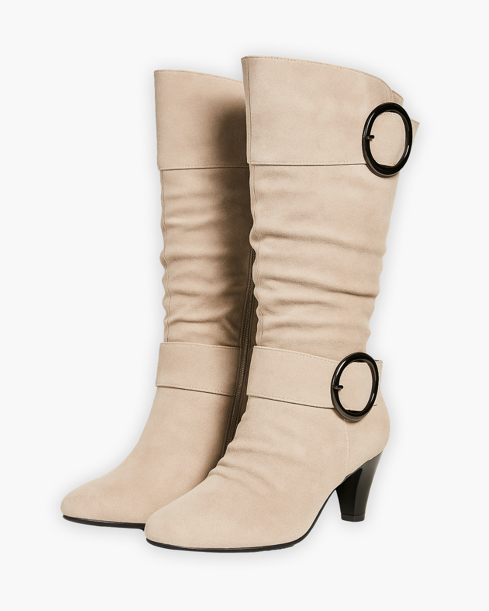 Kniehohe Stiefel mit Blockabsatz und Zierschnallen