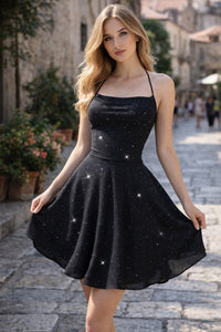 Elena | Glamouröses Glitzer Neckholder Minikleid