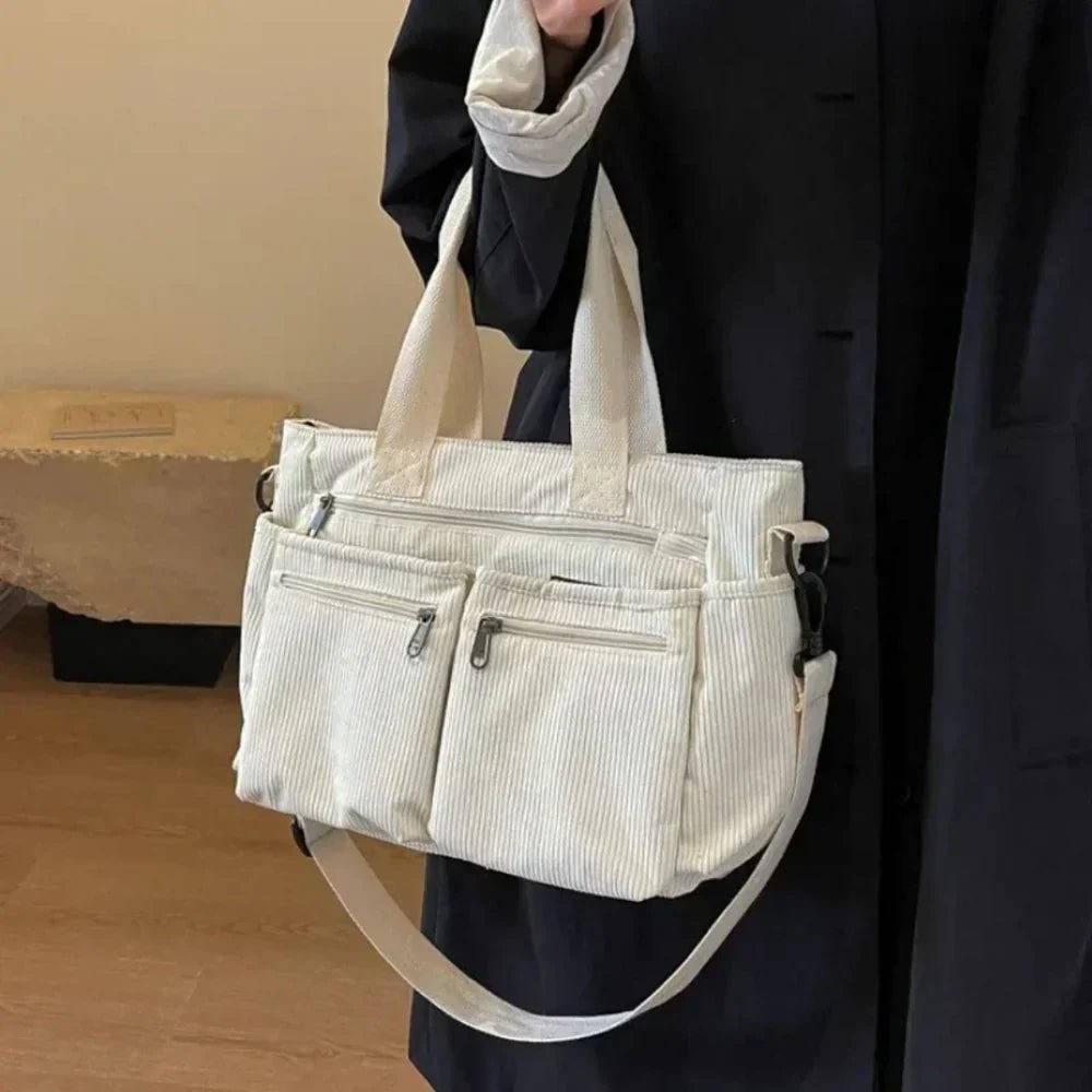 Claire | Cord-Tragetasche mit mehreren Fächern, die sich in eine wandelbare Tasche verwandeln lässt 4