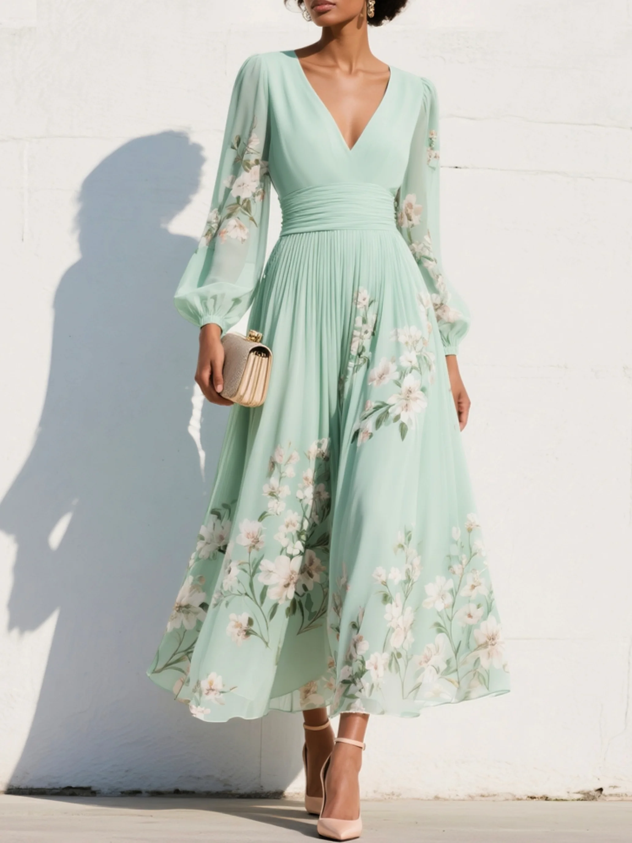 Clementina | Elegantes Blumengemustertes Damenkleid – V-Ausschnitt, Midi-Länge für Festliche Anlässe 0