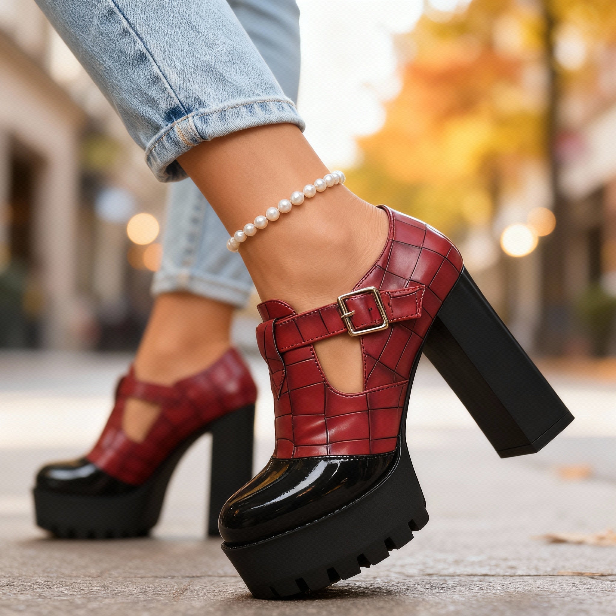 Dalia | Damen Pumps Blockabsatz Krokoprägedesign Elegant Vintage Stil 1